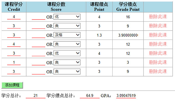 厦门大学绩点计算器